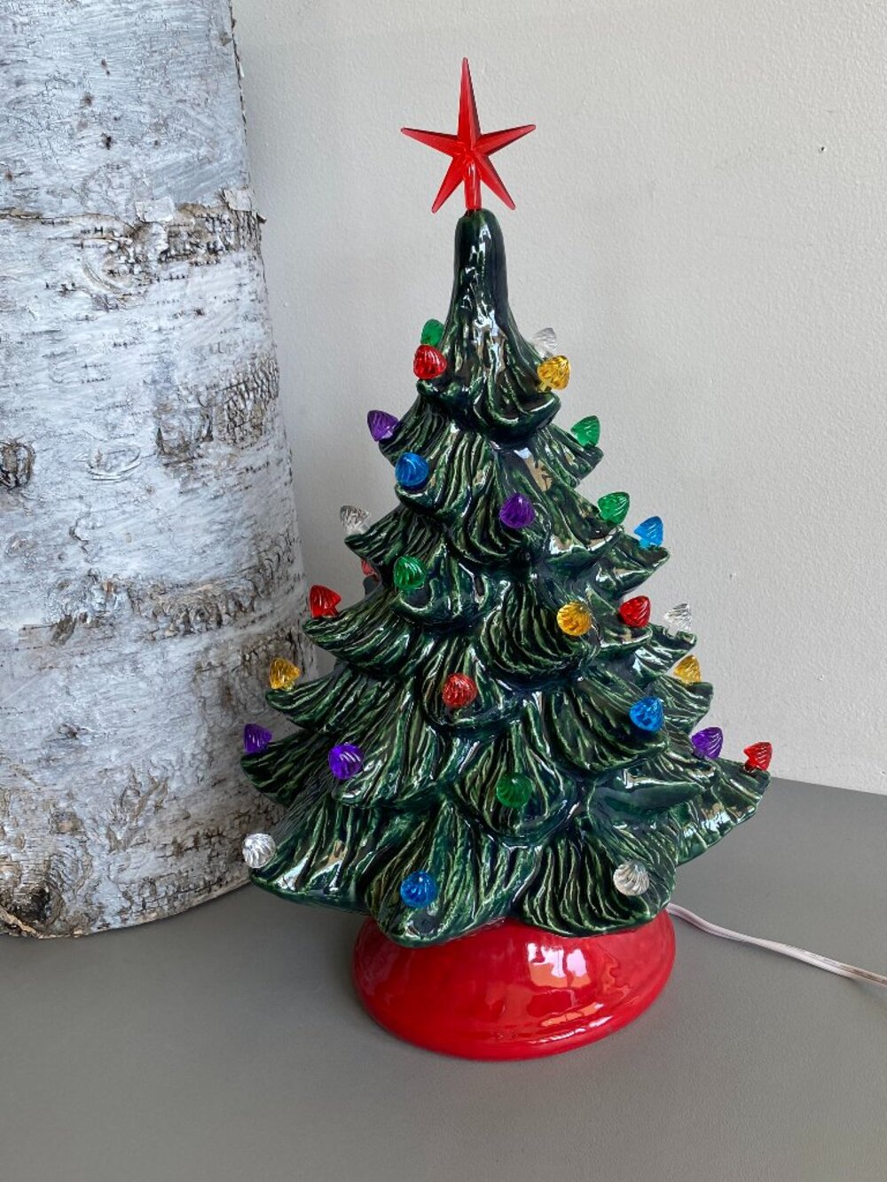 Vtg 1970s Style Handmade Ceramic Christmas Tree Green Gloss Red Base 14.5" Tall